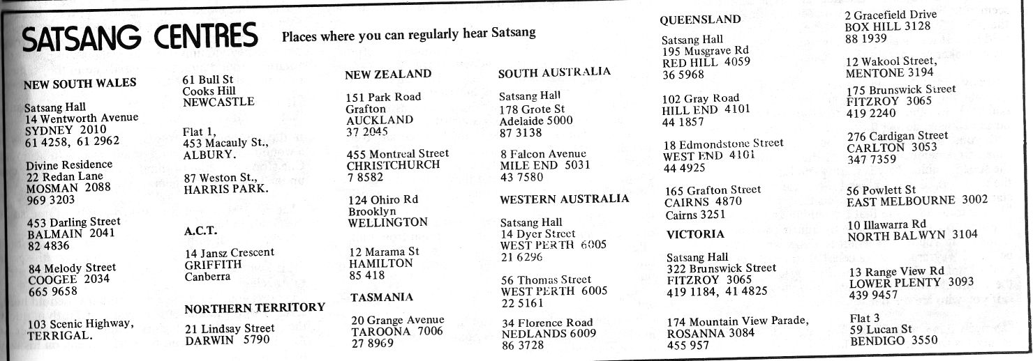 Australian Satsang Centres 1974