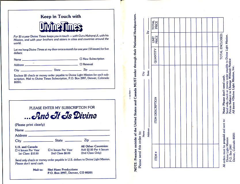 Divine Light Mission Mail Order Catalog, Winter 1976